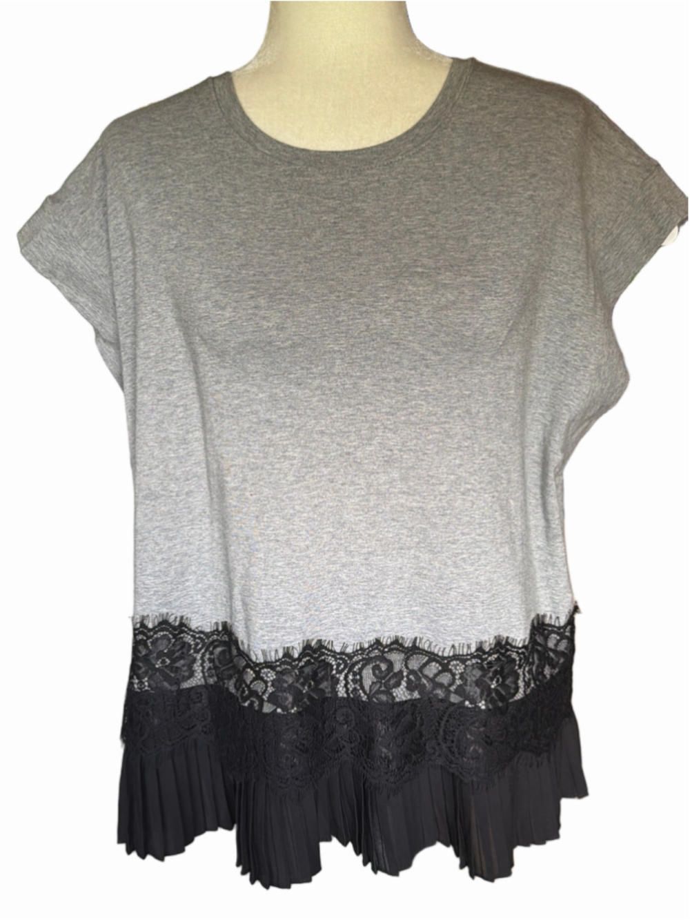 Women's Laundry by Shelli Segal Grey Black Lace Trim Short Sleeve Tee
